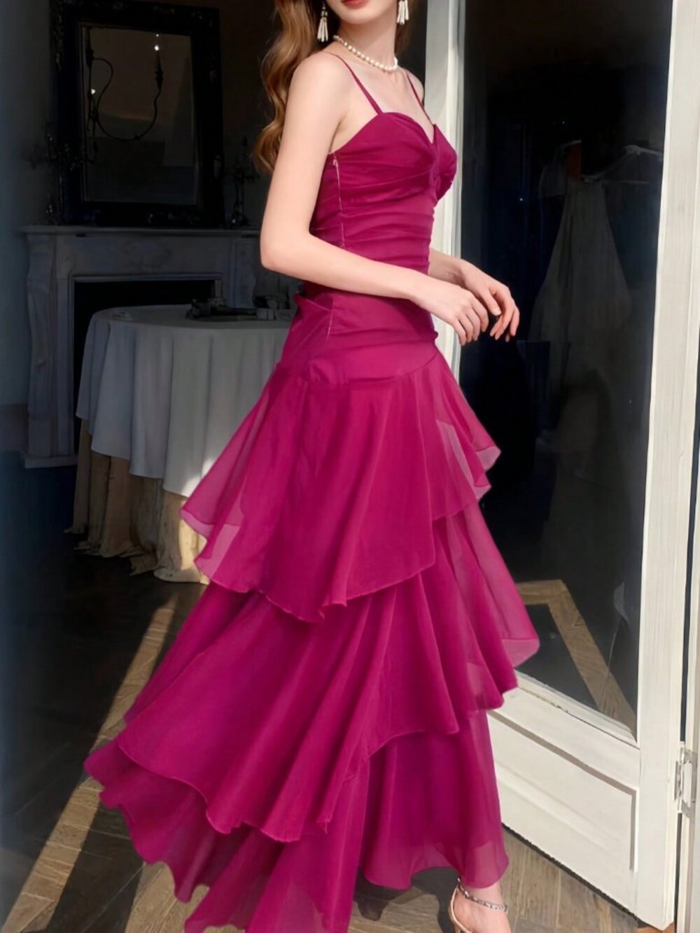 Hot Pink Elegant Asymmetric Women's Ruffle Strap Dress